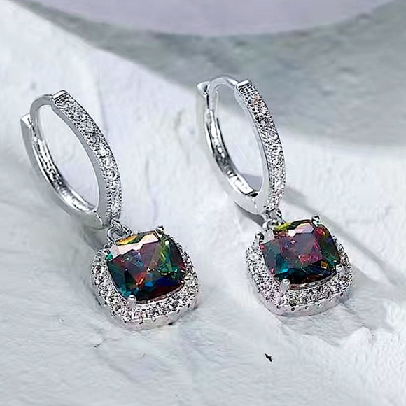 Mystic Topaz White Gold Plated Square Cut Zircon Dangle Earrings - Picture 5 of 7